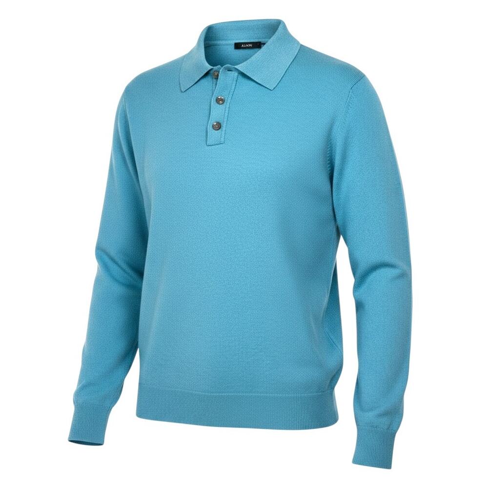 Alfani Men's L Turquoise Blue Merino Wool Long Sleeve Knit Polo Sweater